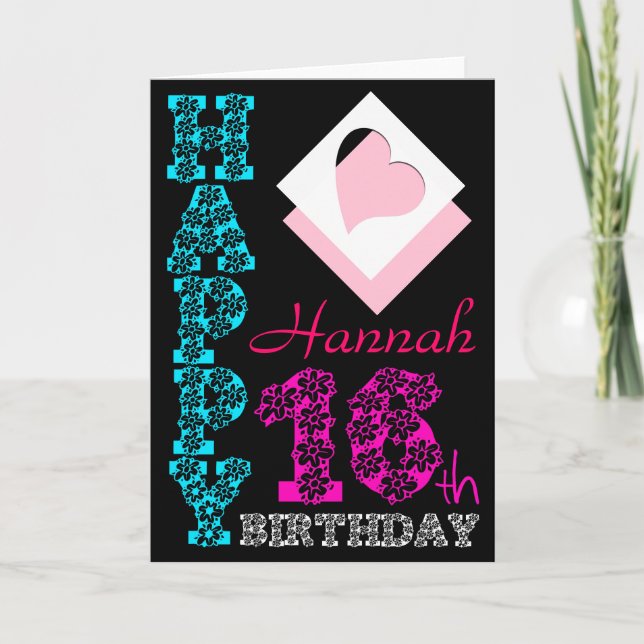 Personlig 16:e födelsedag Girly Black Hälsning C Kort (Framsida)