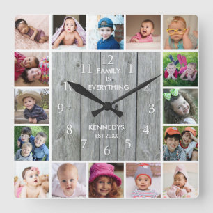 Personlig 16 Fotokollage Rustic Grått Wood Fyrkantig Klocka