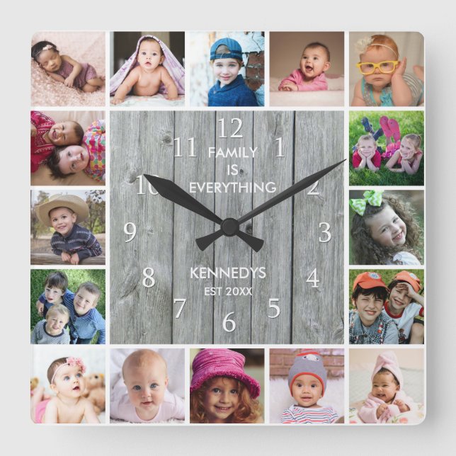 Personlig 16 Fotokollage Rustic Grått Wood Fyrkantig Klocka (Framsida)