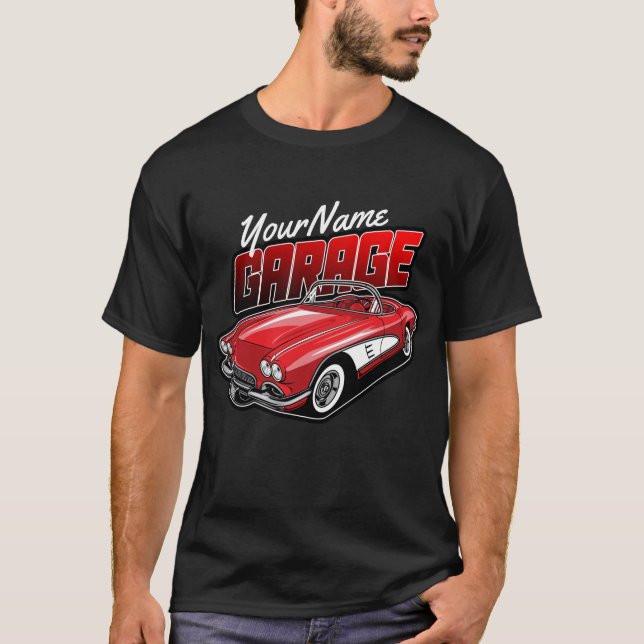 Personlig 1961 C1 Red Classic Sports Car Garage T Shirt (Framsida)