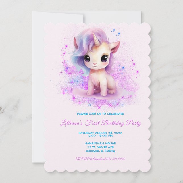 Personlig 1:a födelsedag Rosa och Lila Unicorn Inbjudningar (Framsida)
