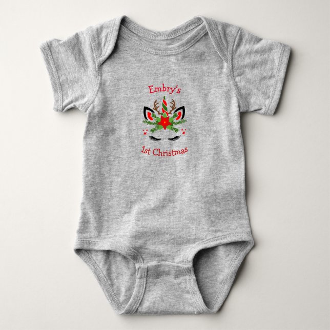 Personlig 1:a julstämningen Unicorn Baby Bodydräkt T Shirt (Framsida)
