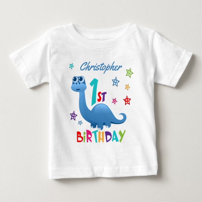 Personlig 1-årsdag Blå Dinosaurie T Shirt (Framsida)