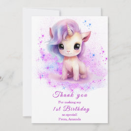Personlig 1-årsdag Rosa och Lila Enhörning Tack Kort