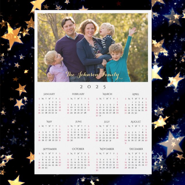 Personlig 2025-familjens fotopalenderkort för Namn (Personalized 2025 Family Name Photo Calendar Card)