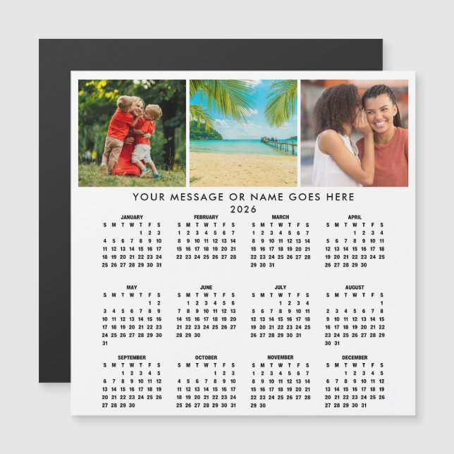 Personlig 2026-kalender 3 Foto Collage Magnet (Fram/baksida)