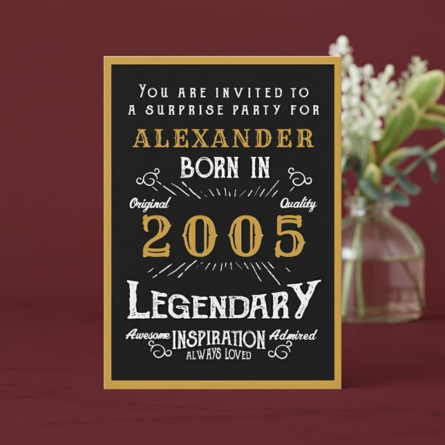 Personlig 21-årsdag 2005 Svart Guld Legend Inbjudningar (2005 birthday invitation. Red background.)