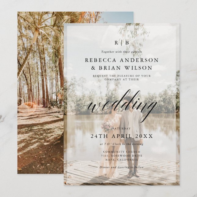 Personlig 2 Foto Chic Kalligrafi Bröllop  Inbjudningar (Fram/baksida)