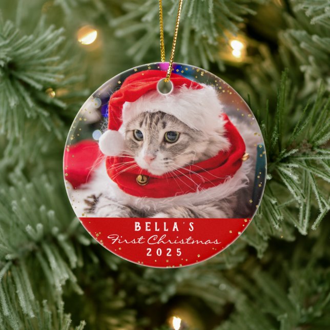 Personlig 2 Foto Pet Cat Meowy Julrött Julgransprydnad Keramik (Träd)