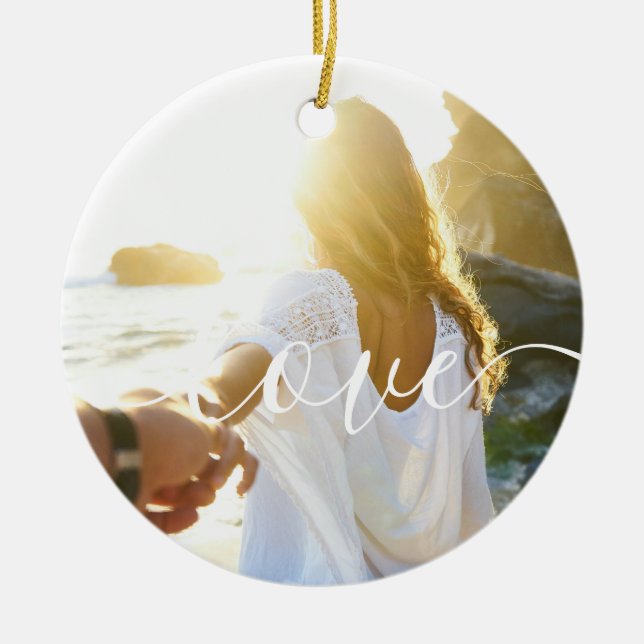 Personlig 2-foton och skripttext Kärlek Julgransprydnad Keramik (Framsidan)