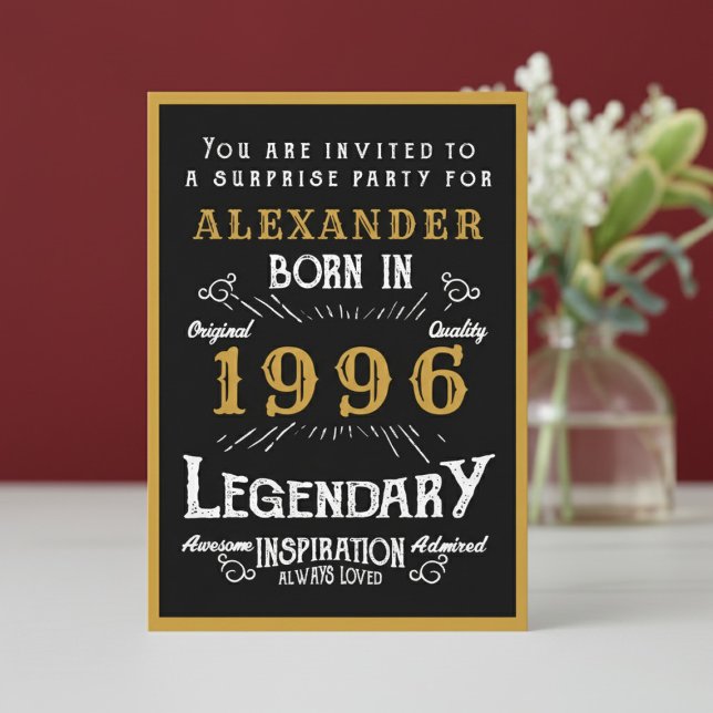 Personlig 30-årsdag 1996 Svart Guld Legend Inbjudningar (1996 birthday invitation. White and red background.)