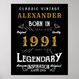 Personlig 30års födelsedag Born 1991 Vintage Black Poster