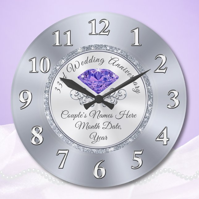Personlig 33:e årsdagen av Bröllop Stor Klocka (33 year anniversary traditional gift, for wife, friends and couples. 33rd Anniversary Clock.)