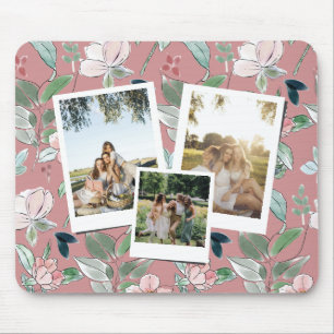 Personlig 3 Foto Rosa Blommig Bakgrund Musmatta