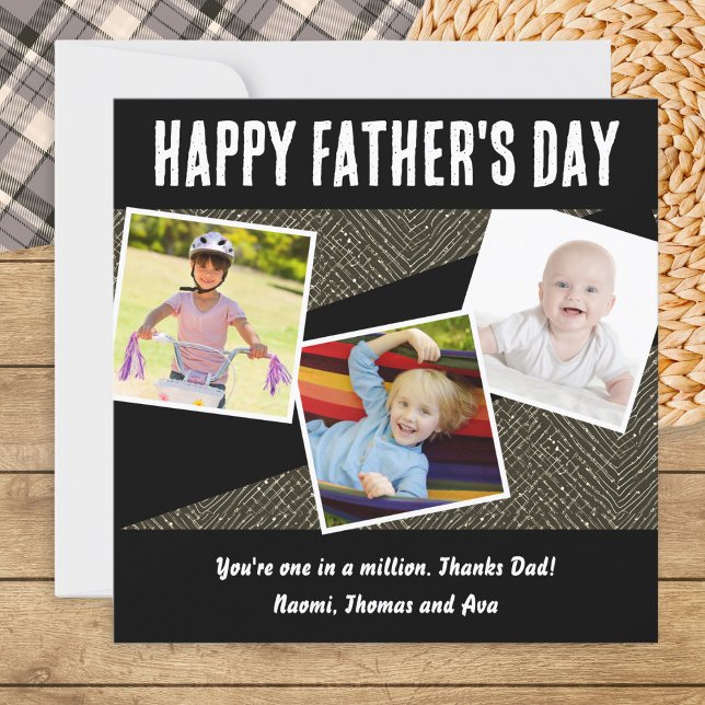 Personlig 3 Fotokollage Snyggt Fars dag Julkort (A stylish Father's Day card in black and white, to personalize with three photos and a message)