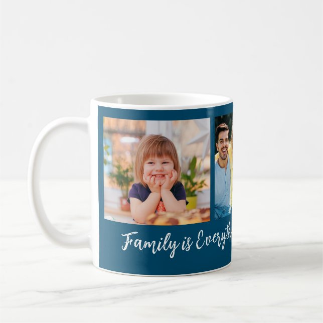 Personlig 3 Fotoramilj Namn, citattblått Kaffemugg (Vänster)