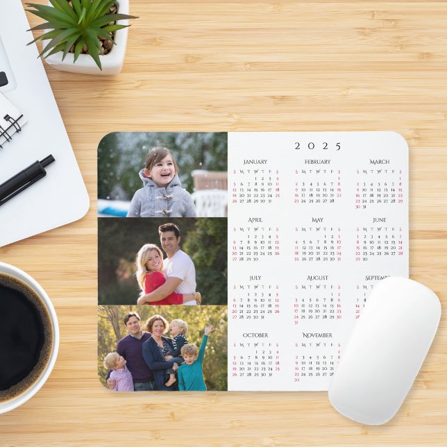 Personlig 3 Photo Collage Family 2025 Calendar Musmatta (Personalized 3 Photo Collage Family 2025 Calendar Mouse Pad)