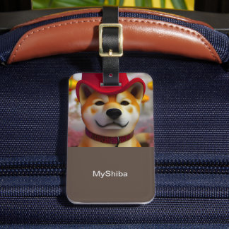 Personlig 3D Lycklig Shiba Inu med rödhatt Bagagebricka