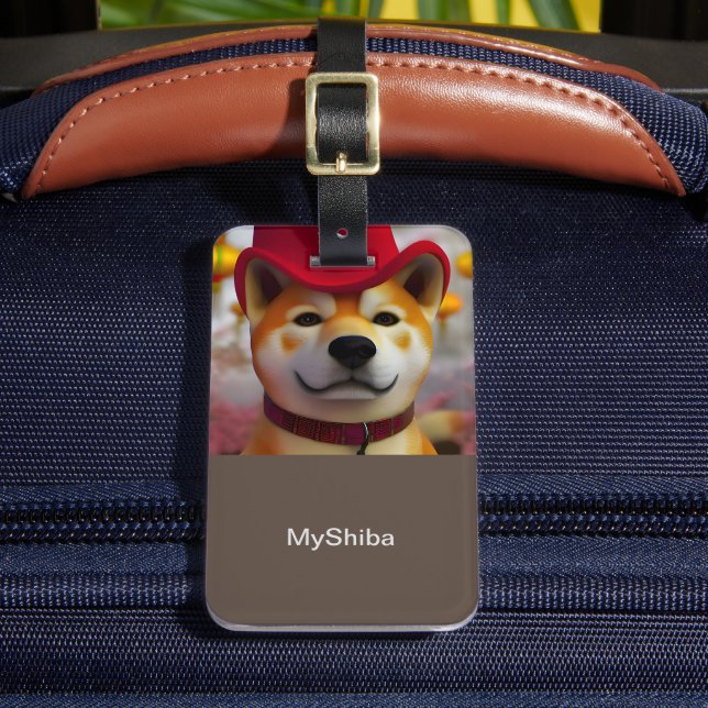 Personlig 3D Lycklig Shiba Inu med rödhatt Bagagebricka (Framsida Insitu 2)
