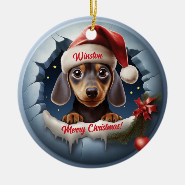 Personlig 3D Titta på Dachshund med Santa Hat Julgransprydnad Keramik (Framsidan)