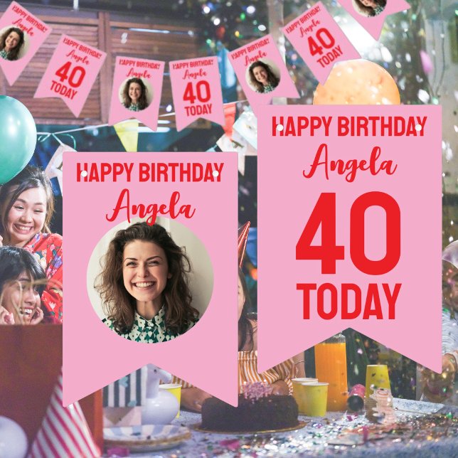 personlig 40-års födelsedagsgirlang vimplar (custom 40th birthday bunting in pink and red with photo and happy birthday 40 and date)