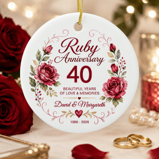 Personlig 40-års rubin bröllopsjubileum julgransprydnad keramik