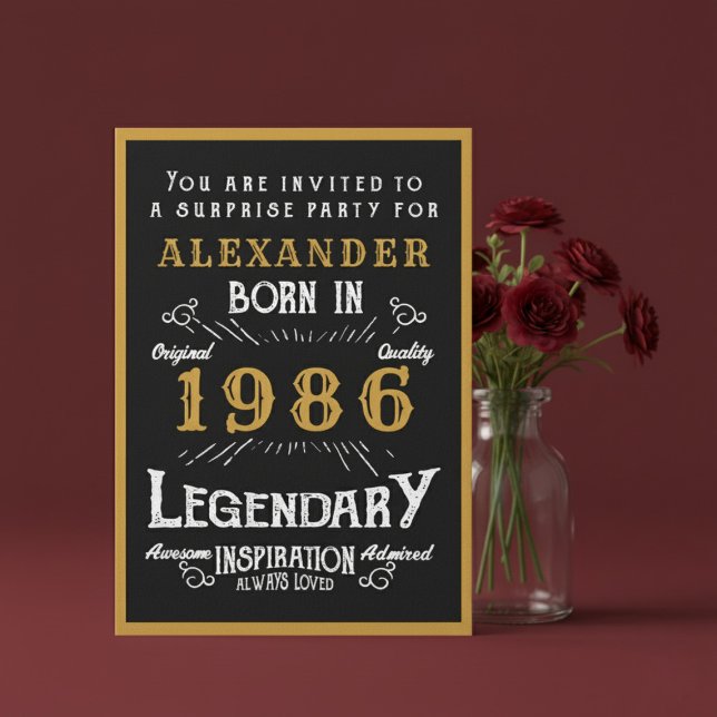 Personlig 40-årsdag 1986 Svart Guld Legend Inbjudningar (1986 birthday invitation. Red background.)