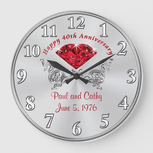 Personlig 40 RUBY-jubileum Gift Clock Stor Klocka (Framsida)