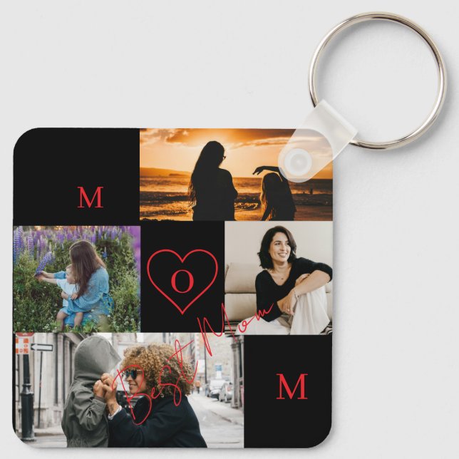 Personlig 4-bildskollage Mamma Monogram Nyckelring (Baksida)