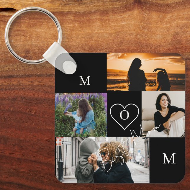 Personlig 4-bildskollage Mamma-monogram Nyckelring (Framsida)