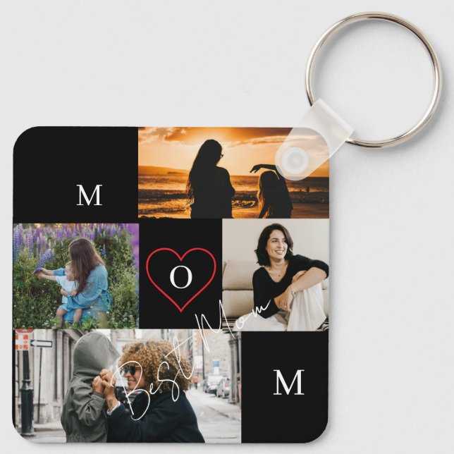Personlig 4-bildskollage Mamma-monogram Nyckelring (Baksida)