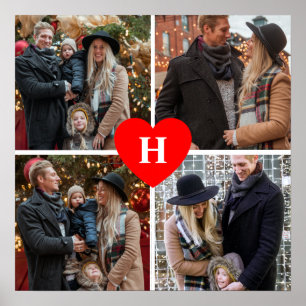 Personlig 4 Monogrammat med fotokollage Red Heart Poster