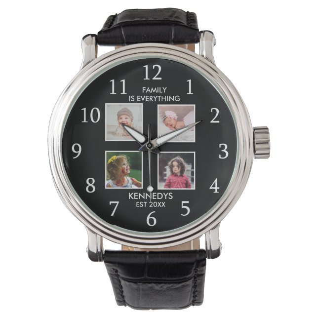 Personlig 4 Photo Collage Family Namn Black Armbandsur (Framsida)