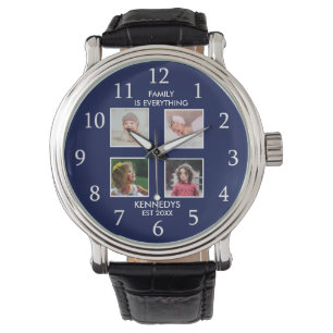 Personlig 4 Photo Collage Family Namn Blue Armbandsur