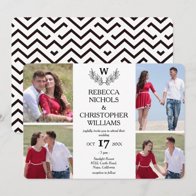 Personlig 4 Photo Laurel Monogrammed Bröllop Inbjudningar (Fram/baksida)