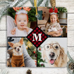 Personlig 4 Photo Monogram Red Buffalo Play Julgransprydnad Keramik<br><div class="desc">Firar dina favoritminnen med anpassningsbarna Red Buffalo Play Monogram Photo Collage Ornament . När du har så många roligtar och foton räcker det inte med ett foto. Vår Anpassningsbar Photo Ornament har 4 foton och ett center som är i monogrammet initialt och namn för att anpassa sig. Den här personlig...</div>