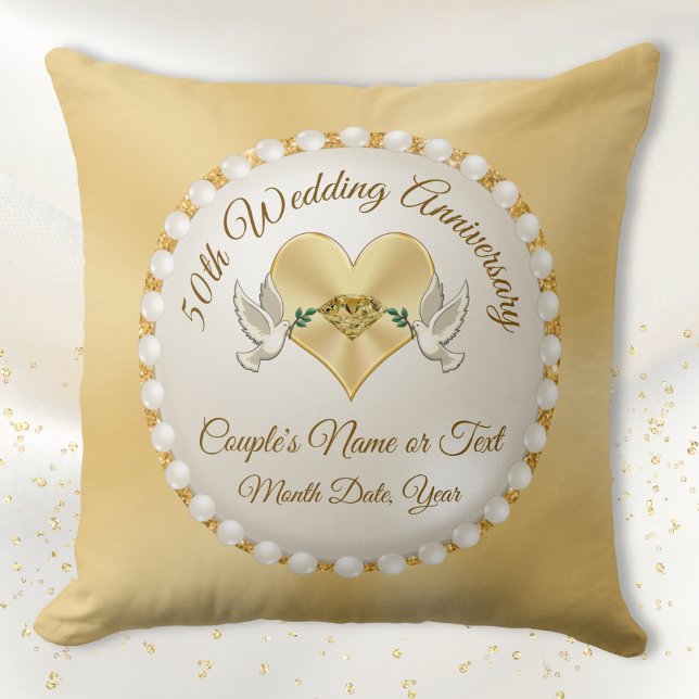 Personlig, 50 år Giftpresent, Bröllopsjubileum Kudde (Personalized 50th wedding anniversary gifts for parents. Golden wedding anniversary gift ideas. Wife)