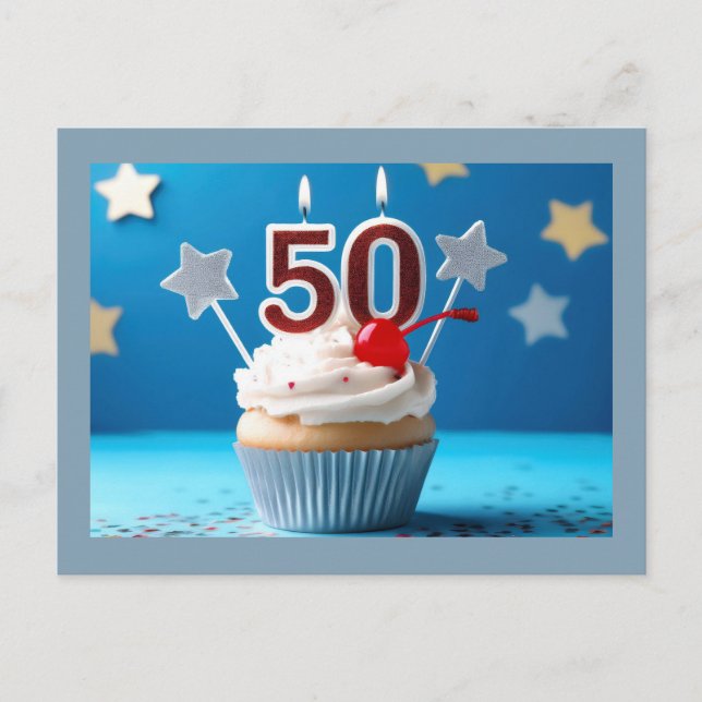 Personlig 50-årsfirande Cupcake med Lysande Ljusst Vykort (Framsida)