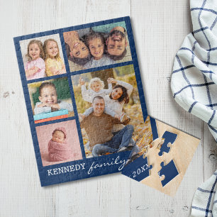 Personlig 5 Photo Collage Family Namn Blue Pussel