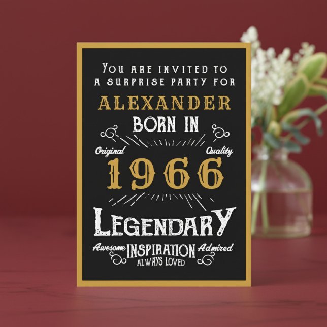 Personlig 60-årsdag 1966 Svart Guld Legend Inbjudningar (1966 birthday invitation. Red background.)