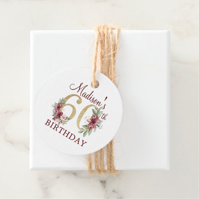 Personlig 60:e födelsedag Blommigt Burgundy Guld Gåvor Etiketter (På plats)