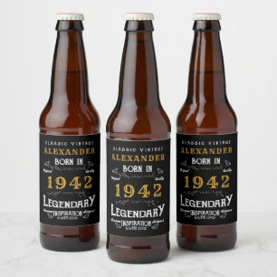 Personlig 80 födelsedag Born 1942 Vintage svart Ölflaska Etikett