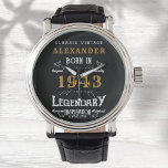 Personlig 80 födelsedag Born 1943 Vintage svart Armbandsur<br><div class="desc">En unik personlig-klocka för den speciella födelsedagskalender som föddes 1943 och fyller 80 år. Lägg till namn till den här vintagen genom att skriva stil svart, vit och guld för en anpassningsbar på 80 års födelsedagspresent. Du kan enkelt redigera namn och år med den angivna mallen. En underbar anpassningsbar svart...</div>