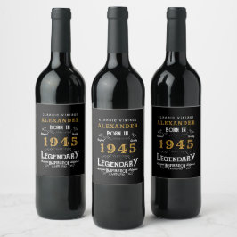 Personlig 80 födelsedag Born 1945 Vintage svart Vinflaska Etikett