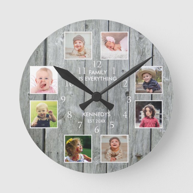 Personlig 8 Fotokollage Rustic Grått Wood Rund Klocka (Framsida)