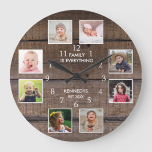 Personlig 8 Photo Collage Rustic Brown Wood Stor Klocka