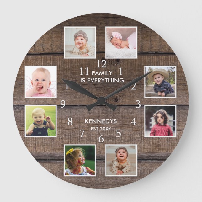 Personlig 8 Photo Collage Rustic Brown Wood Stor Klocka (Framsida)