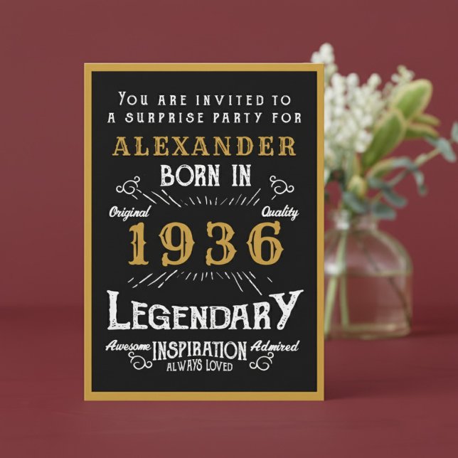Personlig 90-årsdag 1936 Svart Guld Legend Inbjudningar (1936 birthday invitation. Red background.)