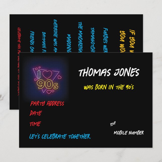 Personlig 90-tals tema Retro fest Inbjudningar (Fram/baksida)