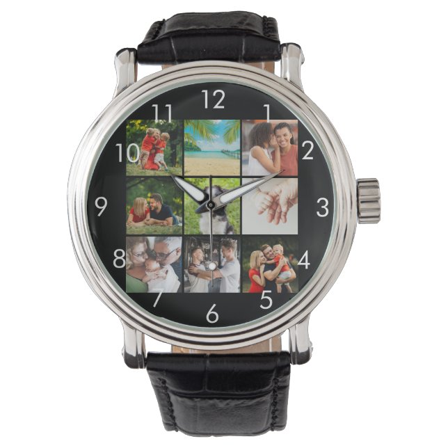 Personlig 9 Family Photo Collage Black Armbandsur (Framsida)
